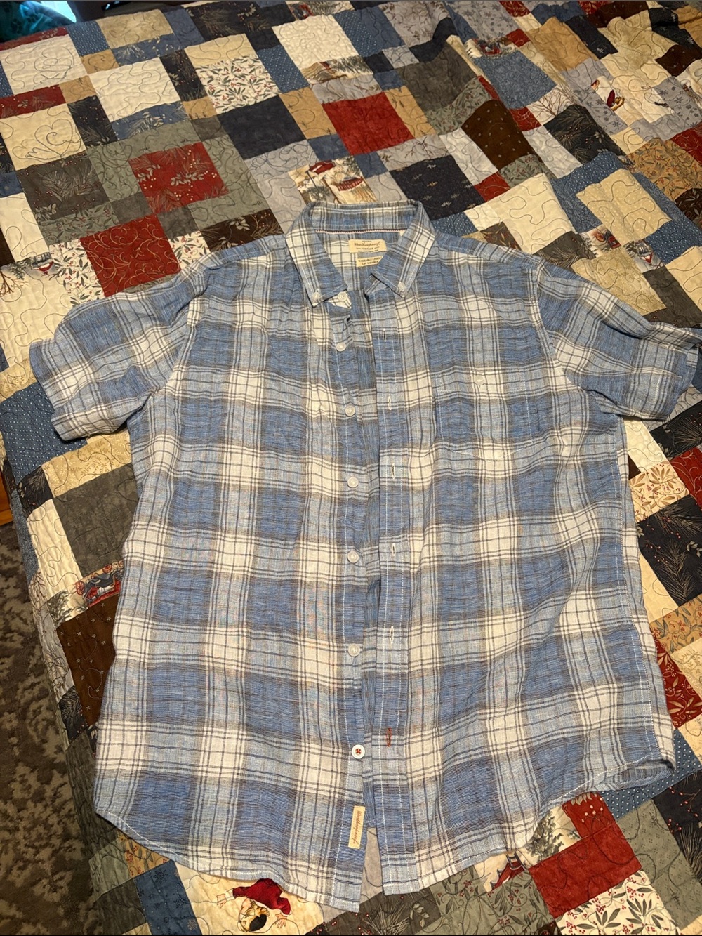 Weatherproof Blue and White Plaid Short-Sleeve Button-Up Shirt  washable linen